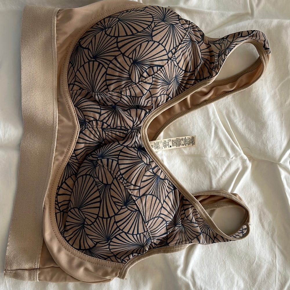 RHONDA SHEAR—padded bra - tan with blue pattern - gently used- good condition